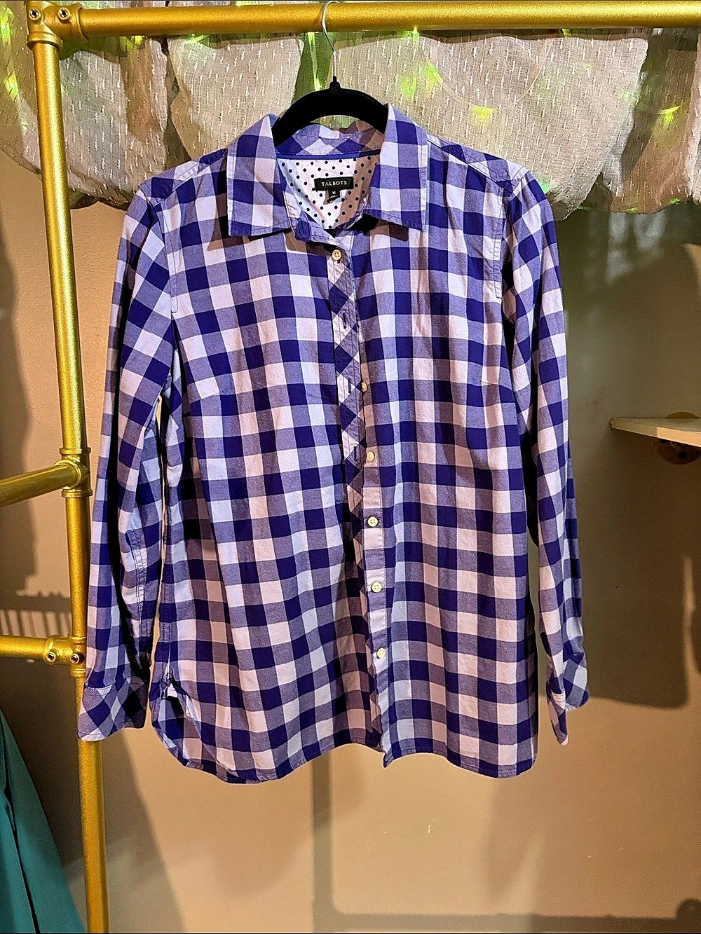 Talbots Classic Cotton Gingham Shirt in Purple & White Medium